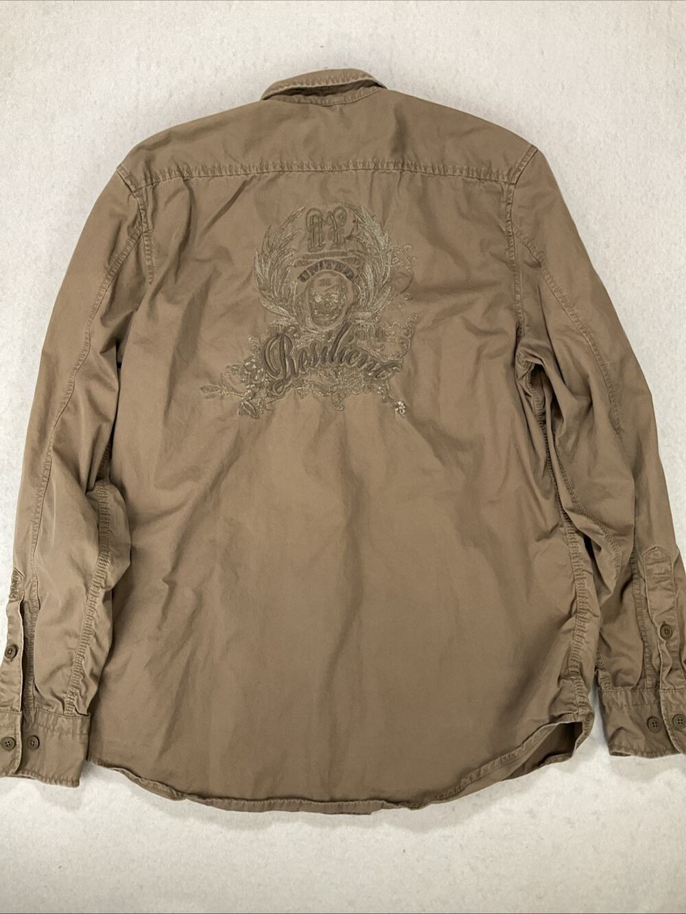 Express Mens Brown 100% Cotton Button Down Shirt Embroidered back Sz L Y2K Rock
